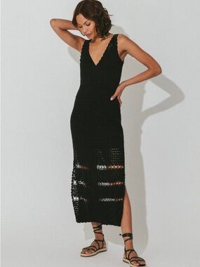 Black Crochet V-Neck Midi Dress